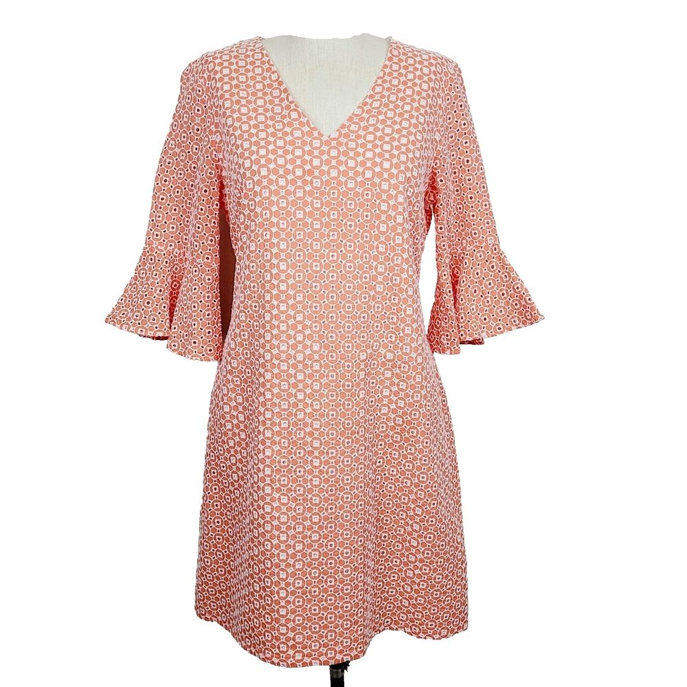 Jude Connally Dress L Orange Eyelet V-Neck 3/4 Bell Sleeve Knee Length Shift